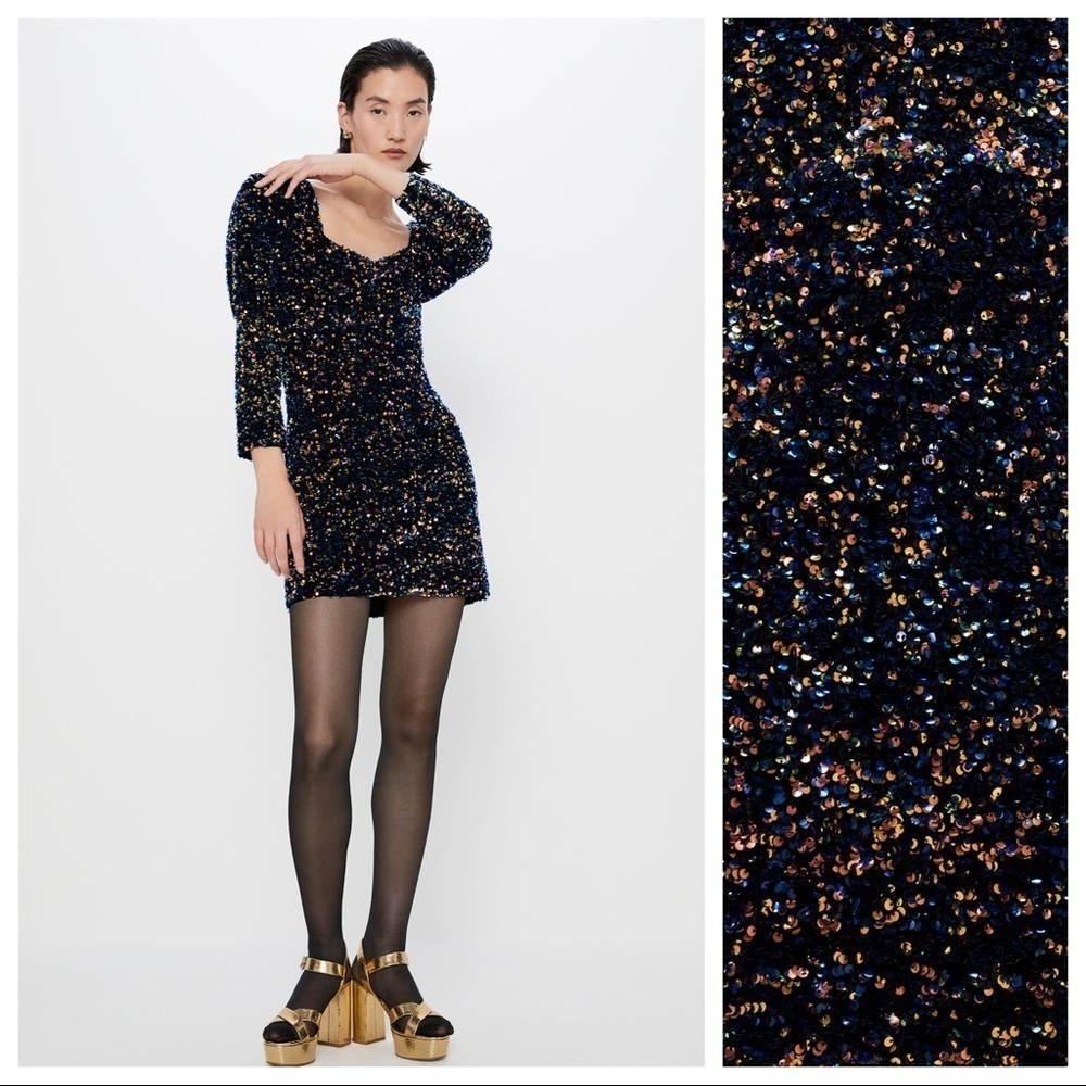 NWT. Zara Sequinned Velvet Mini Dress. Size XS.
